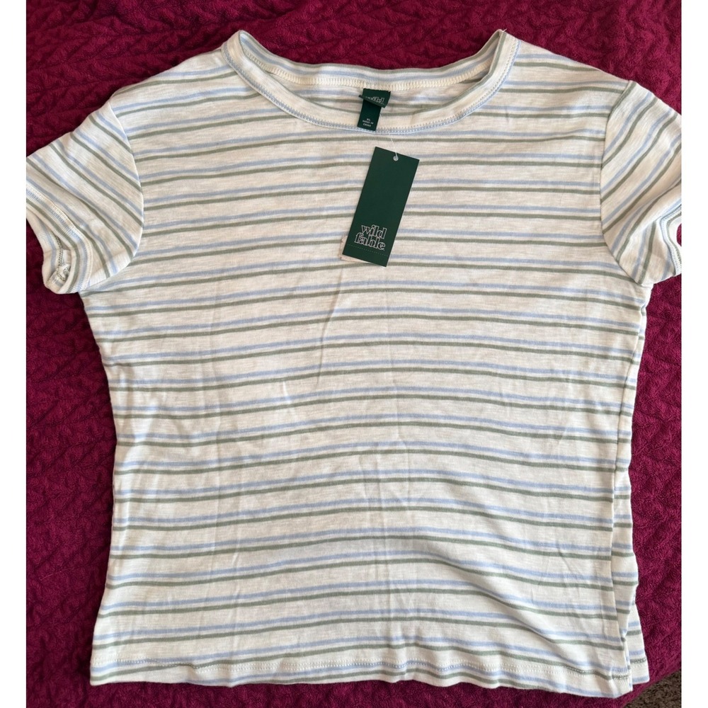 Wild Fable Kids Medium Striped Short Sleeve Crew Neck Tee White Blue Green
